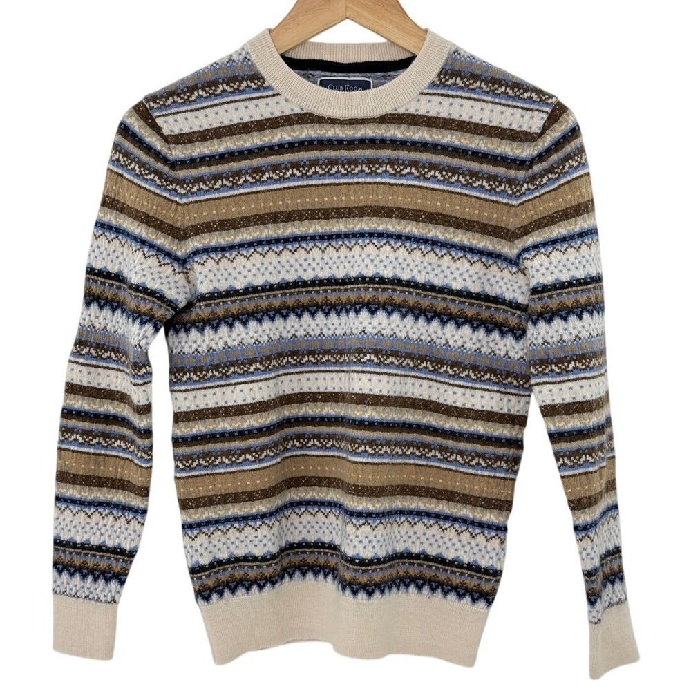 Club Room Mens Merino Wool Blend Fair Isle Crew Neck Sweater Small Blue‎ Brown